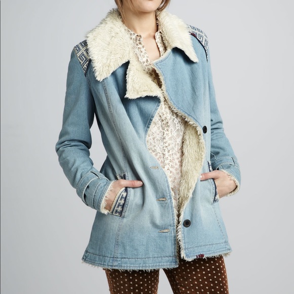 Free People Embroidered Denim Sherpa 